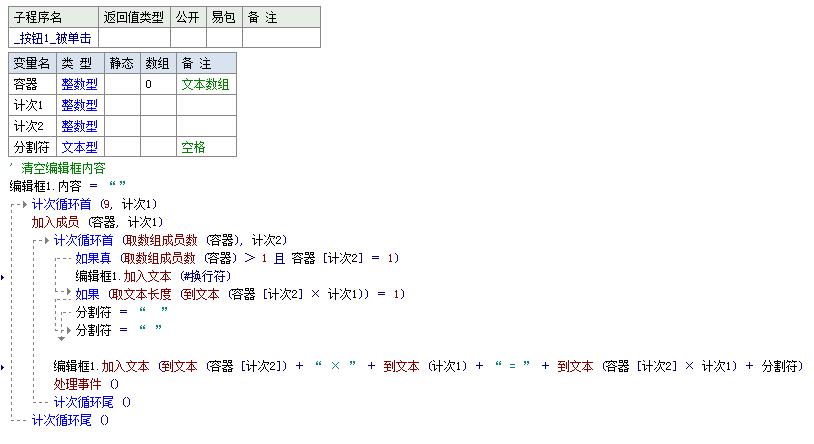 易语言生成九九乘法表